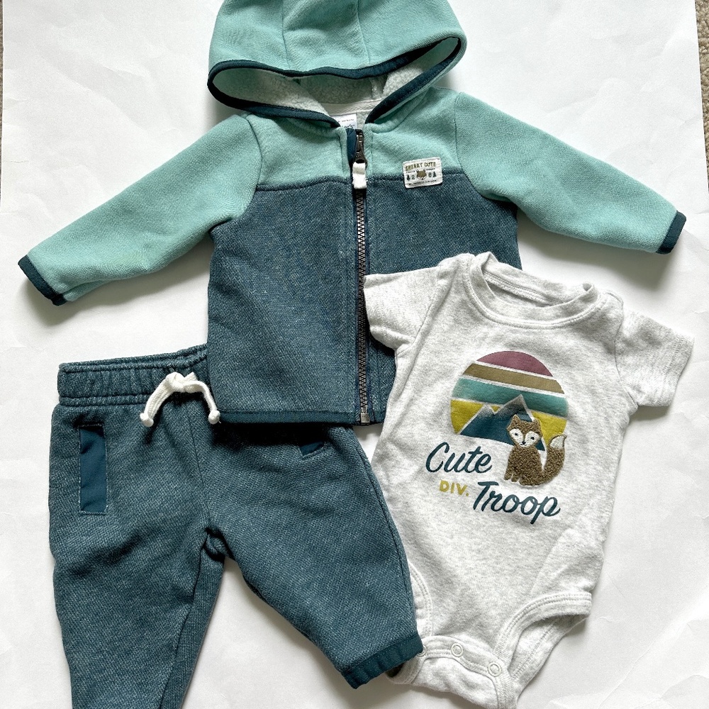3 Piece Baby Boy Matching Set 3M Sweat Set & Onesie Blue Gray Fox